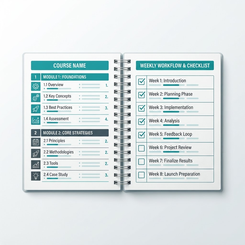 A structured course workbook with organised learning sections