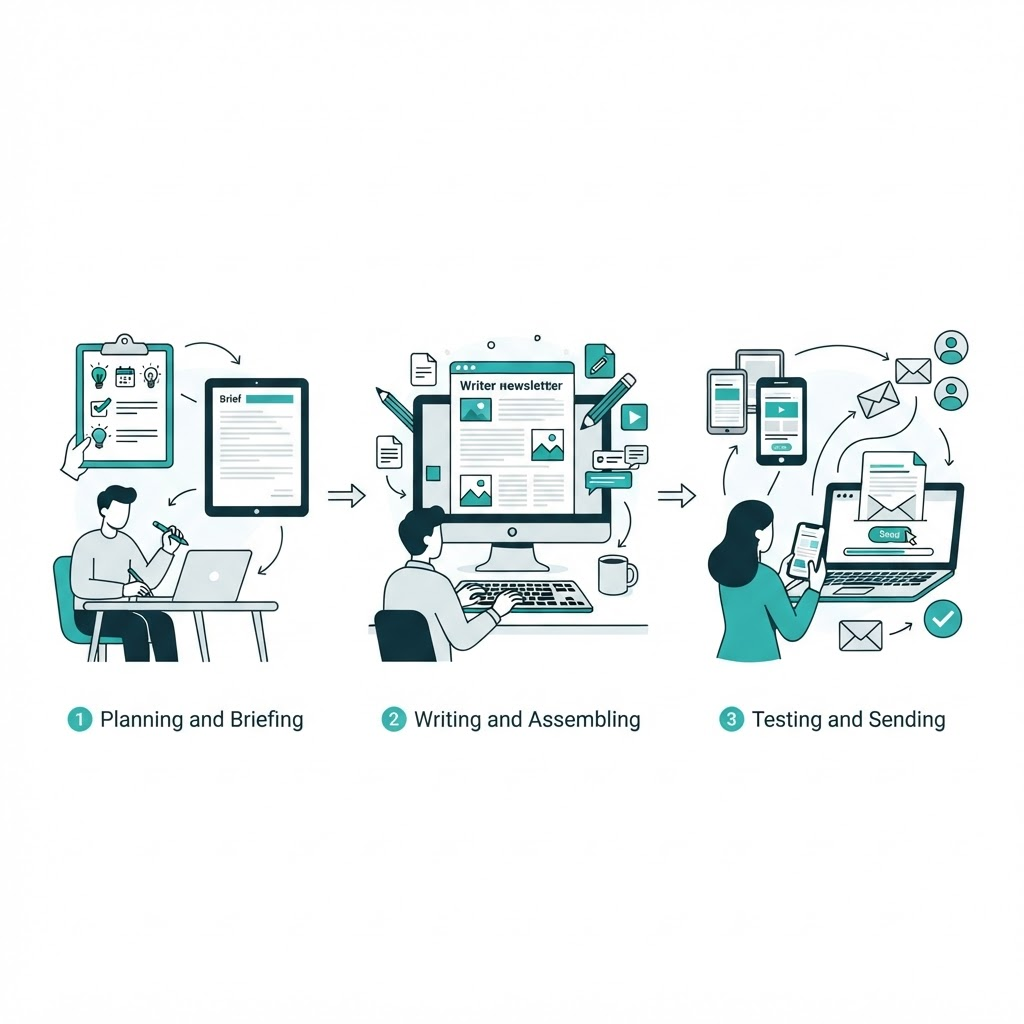 Illustration of the three-step newsletter production workflow